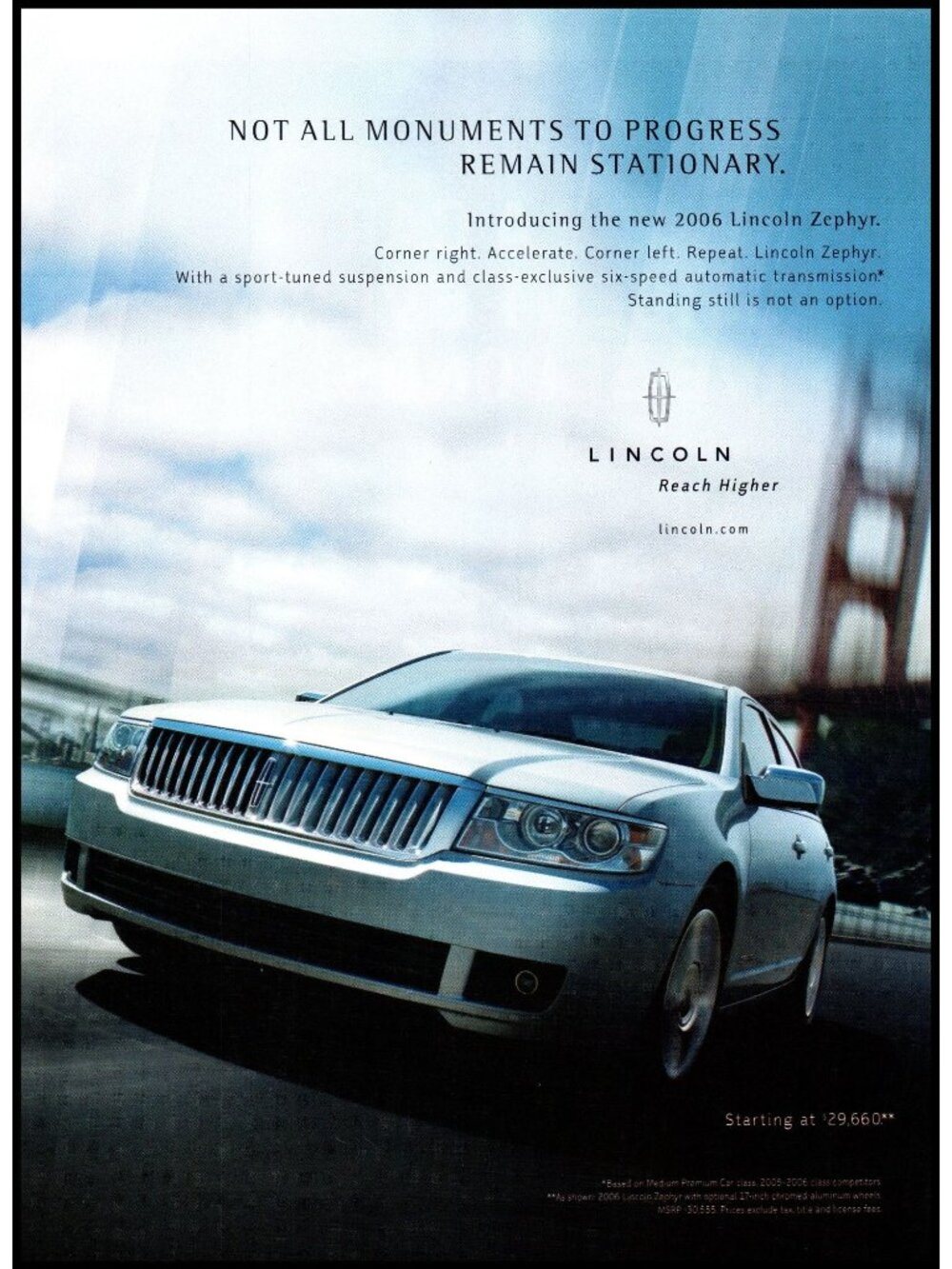 2006 Lincoln Zephyr Vintage Print Ad San Francisco Golden Gate Bridge Wall Art